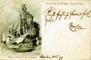 Postkarte von 1899: Ludwig II. als Lohengrin (Sammlung: H.K.)
