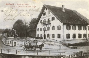 Historische Aufnahme des Gasthof Post mit Pferdefuhrwerk - AK gel 1918 (Sammlung: HK)